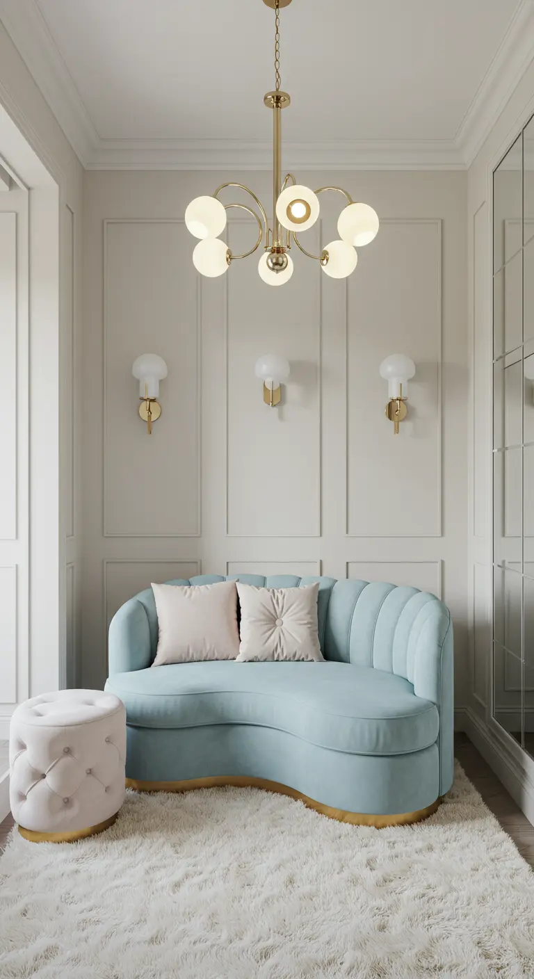 Elegante zithoek met lichtblauwe fluwelen bank, witte poef en gouden verlichting.