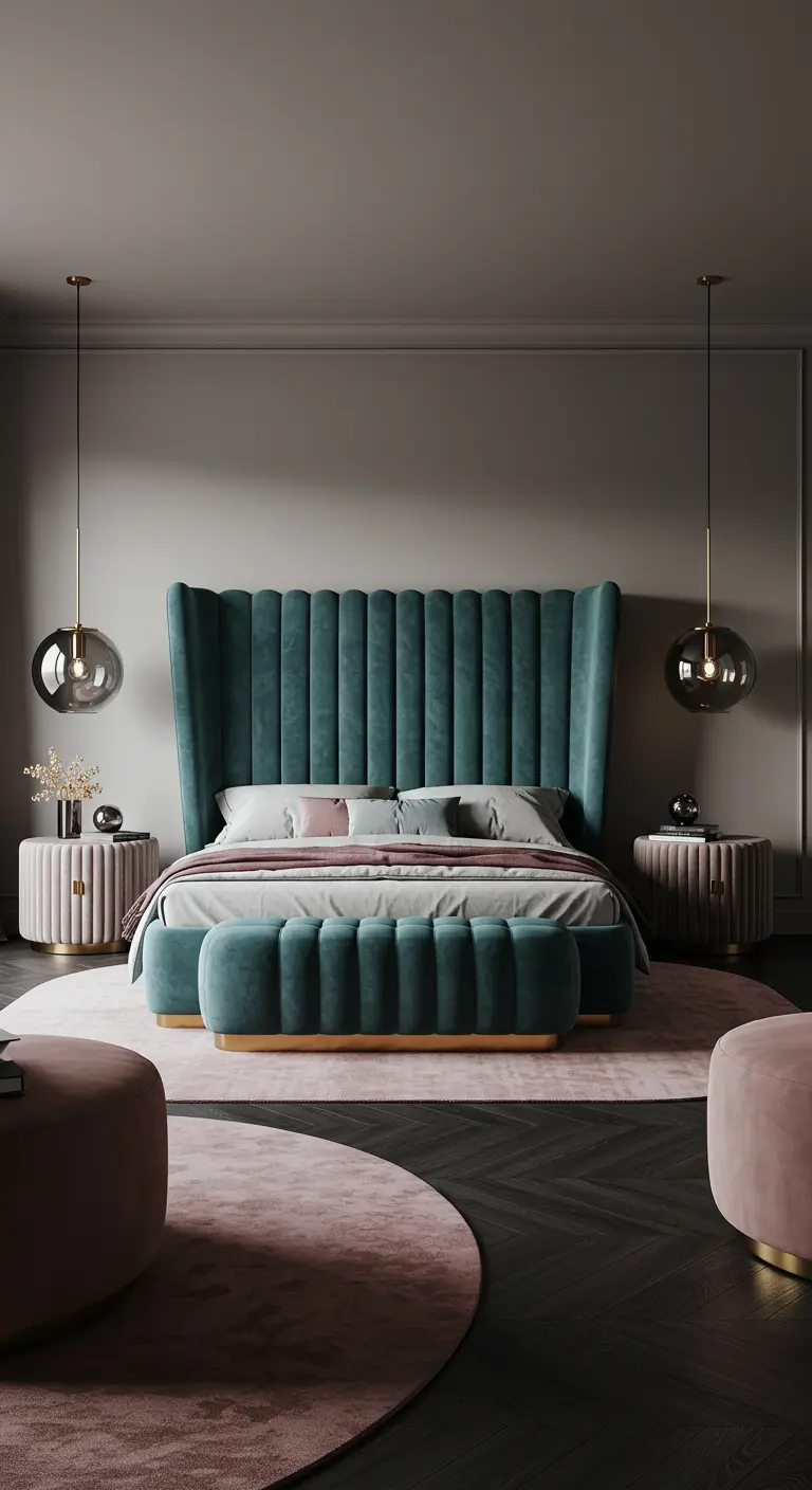 Luxe slaapkamer met hoog fluwelen hoofdbord en ronde nachtkastjes in Art Deco stijl.