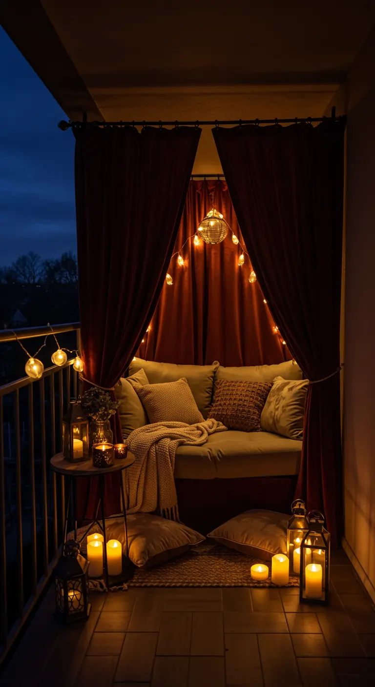 Knus balkon bij nacht met donkerrode velours gordijnen, daybed en veel kaarslicht.