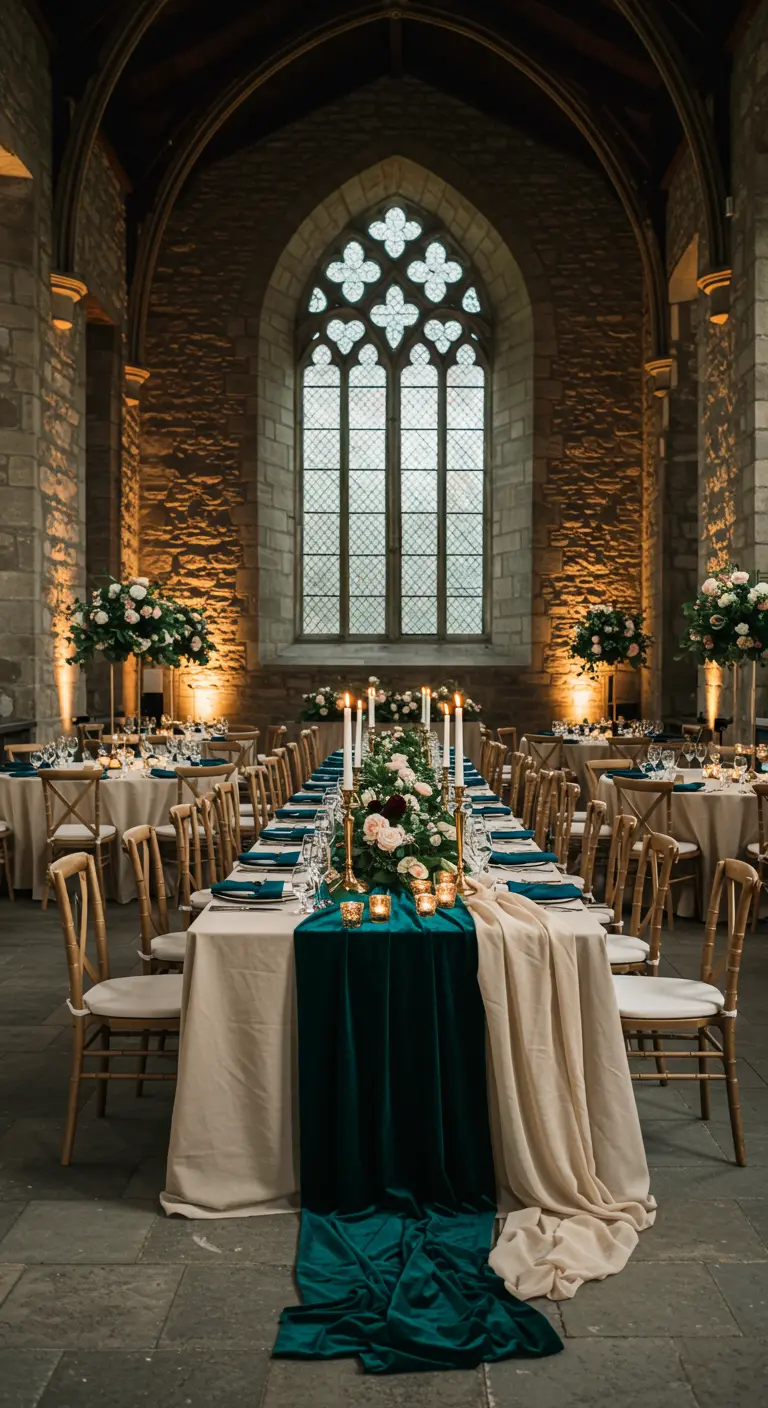 Lange tafel in kasteel met donkergroene fluwelen loper en beige gedrapeerde stof.