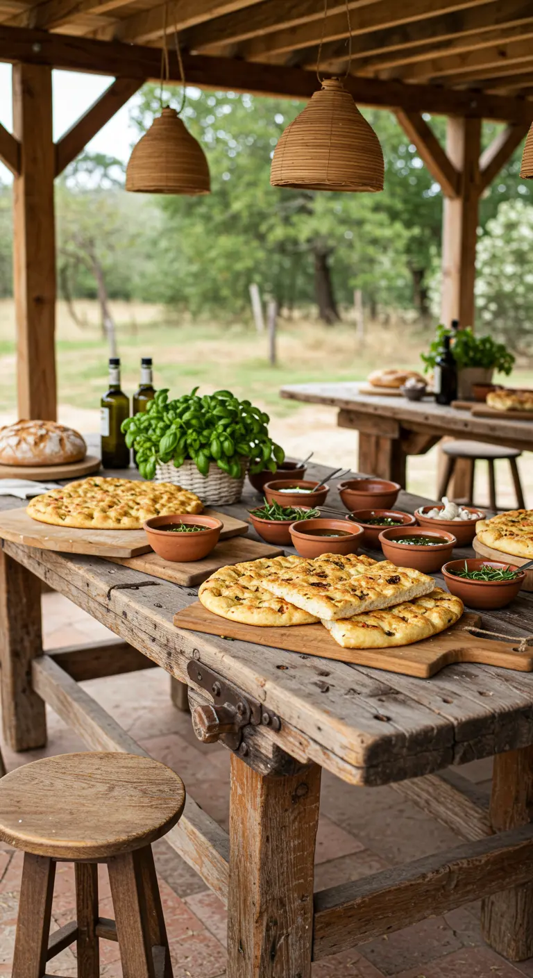 Rustieke houten tafel met focaccia op houten planken, basilicum in mand en diverse dips.