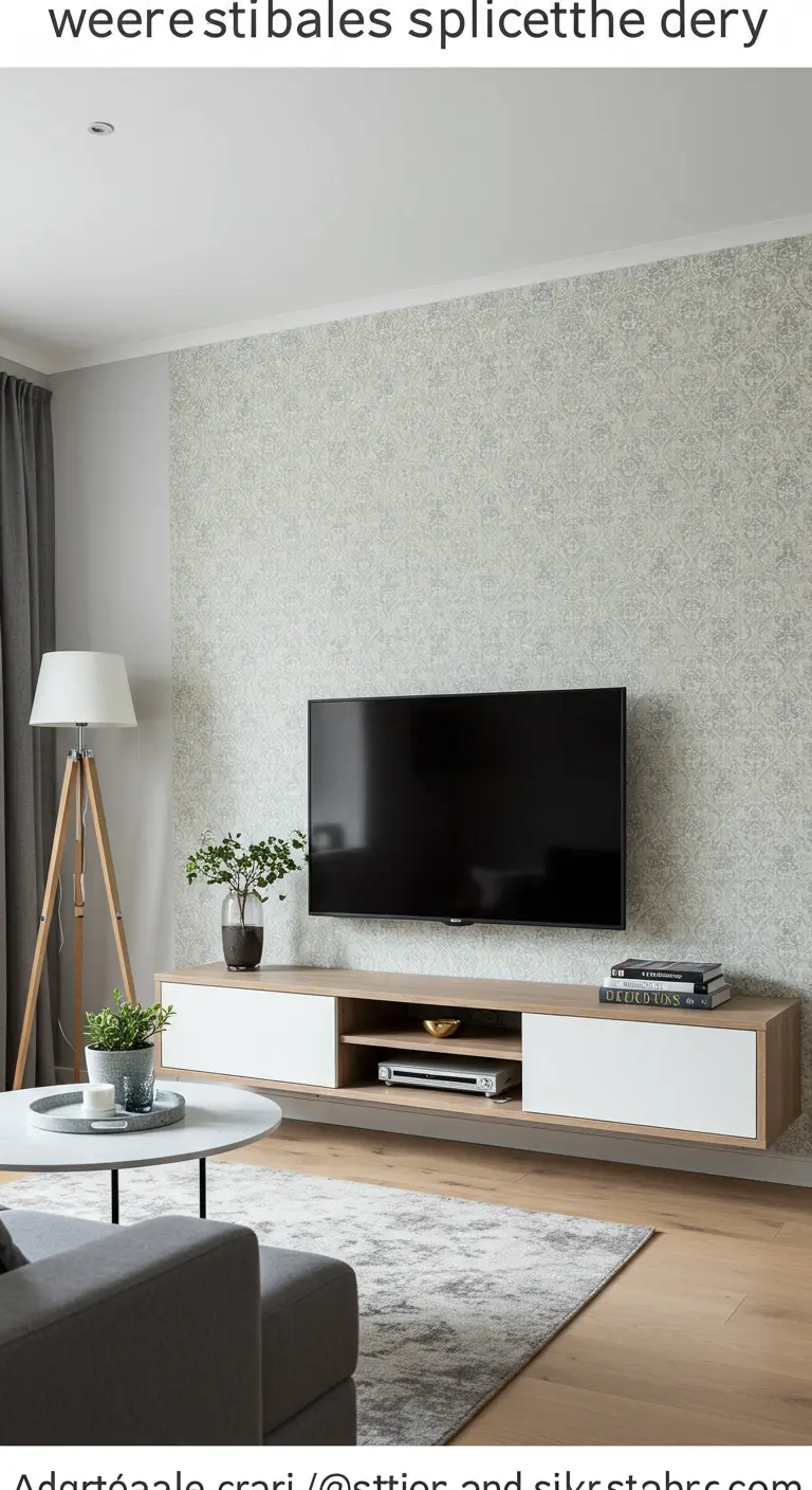 TV aan muur met subtiel patroonbehang erachter, boven modern tv-meubel.