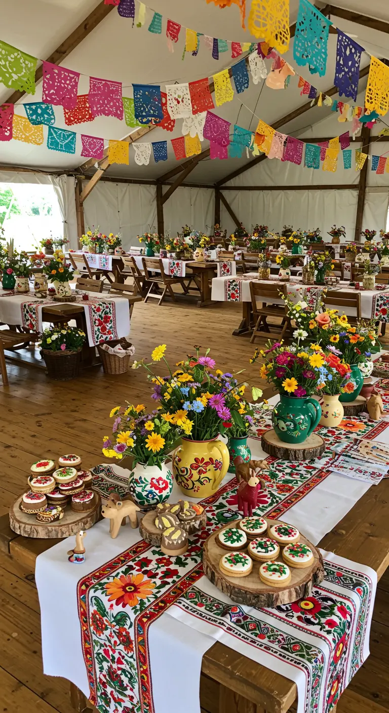 Folkloristische bruiloftsreceptie met kleurrijke vlaggetjes, geborduurde lopers en handbeschilderd servies.