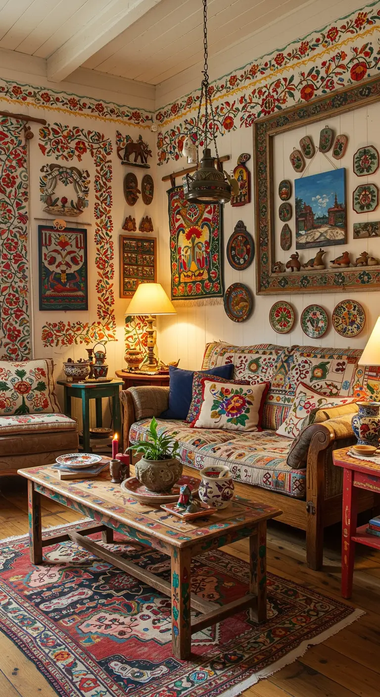 Kleurrijke folkloristische boho woonkamer met handgeschilderde motieven en veel patronen.