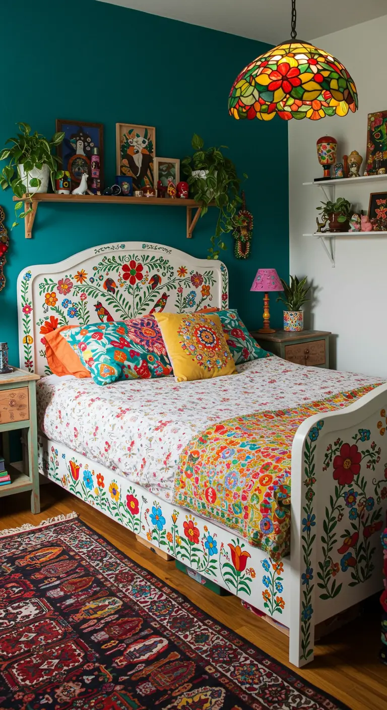 Wit bedframe met handgeschilderde kleurrijke bloemen in folkloristische stijl.