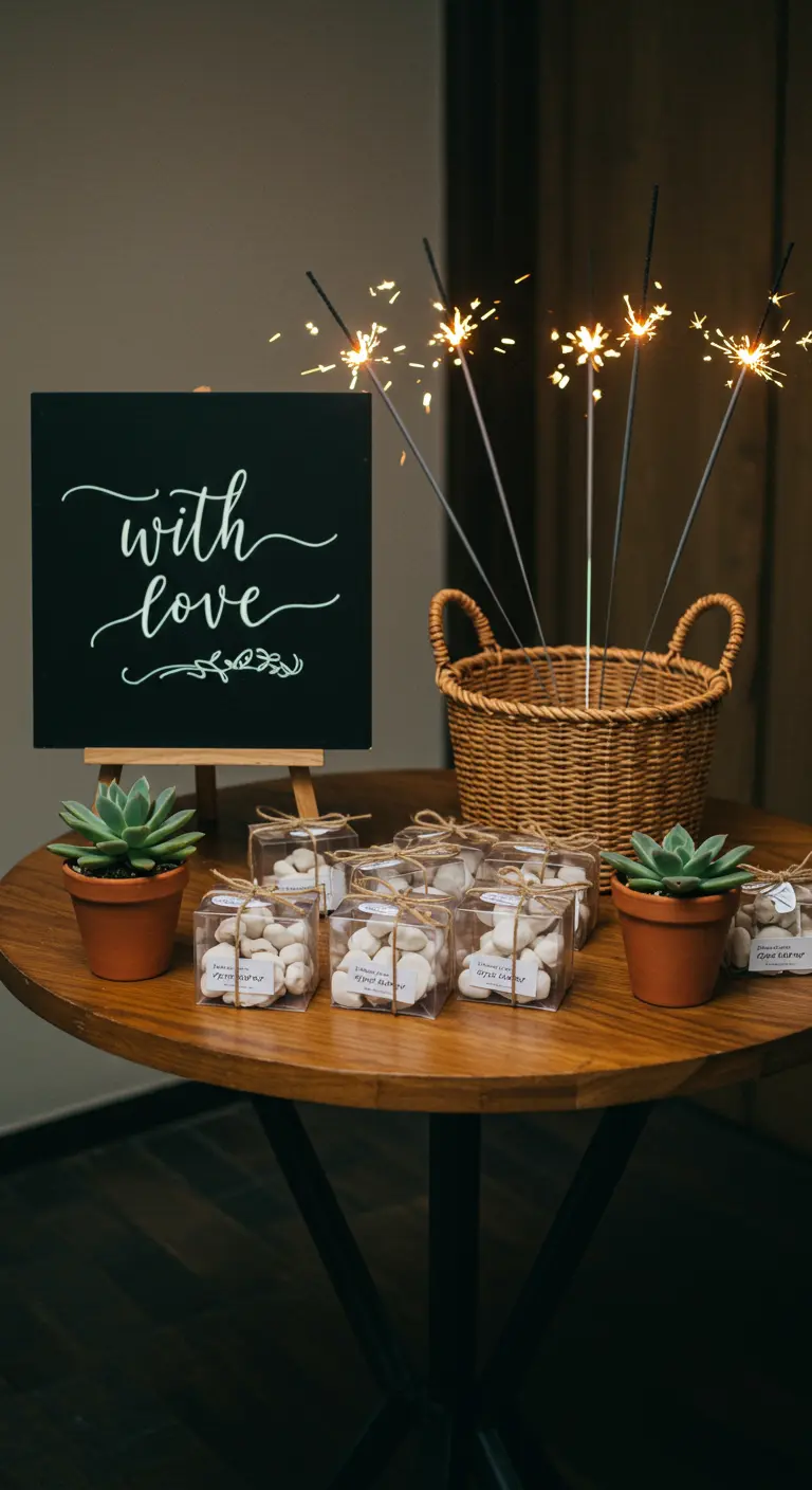 Bedankjestafel met sterretjes, vetplantjes en een 'with love' bordje.