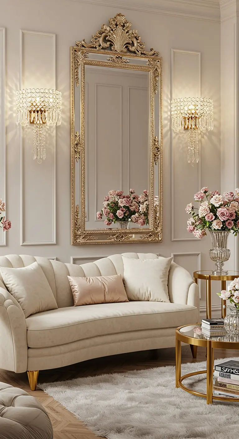 Elegante woonkamer met crèmekleurige bank, grote spiegel en twee klassieke kristallen wandlampen.