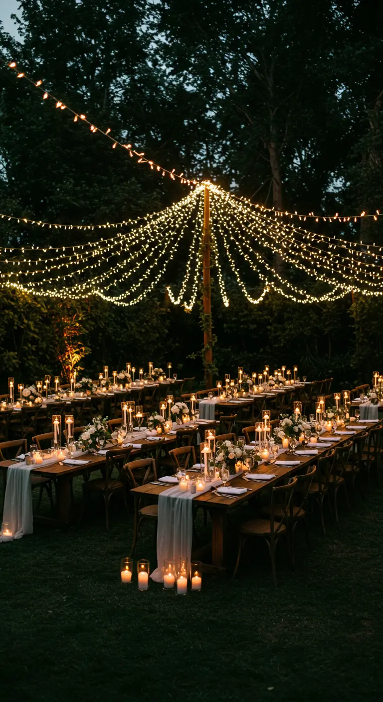 Tuin diner bij avond met tafels vol kaarsen en een dak van duizenden lichtsnoeren.