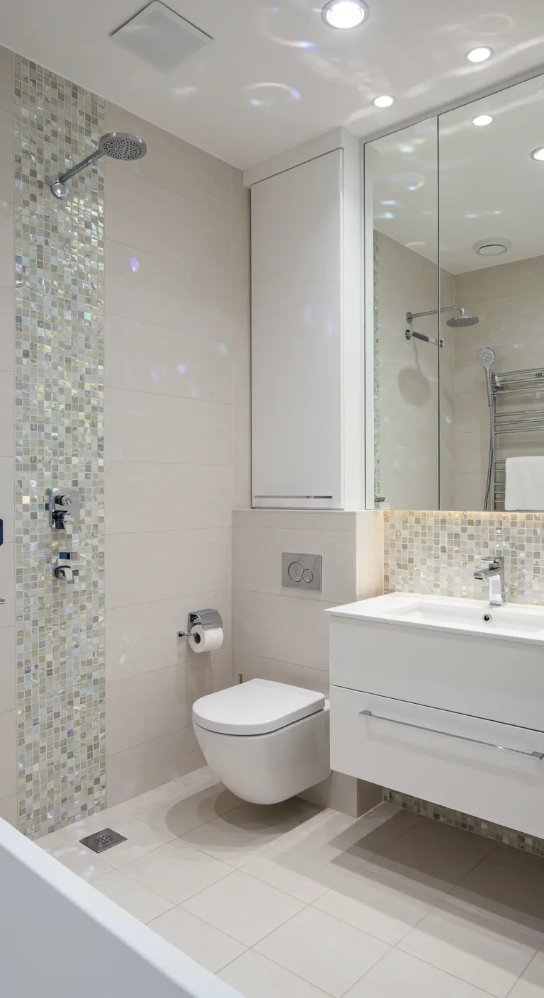 Crèmekleurige badkamer met glanzende mozaïek accenten in douche en bij wastafel.