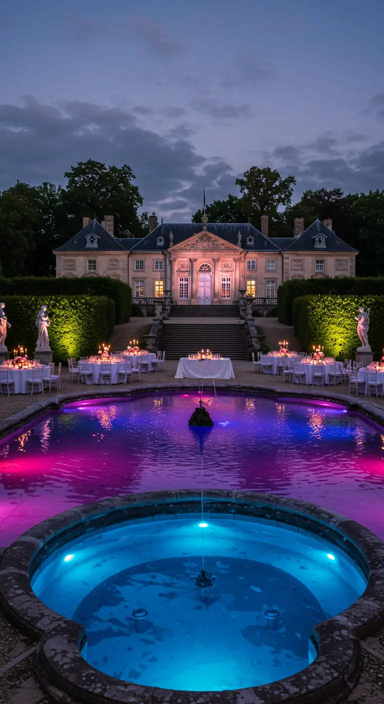 Grote fontein met paarse en blauwe onderwaterverlichting voor een elegant landhuis