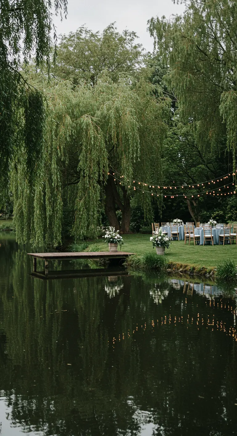 Feestlocatie aan water met wilgen, lichtslingers en gedekte tafels.