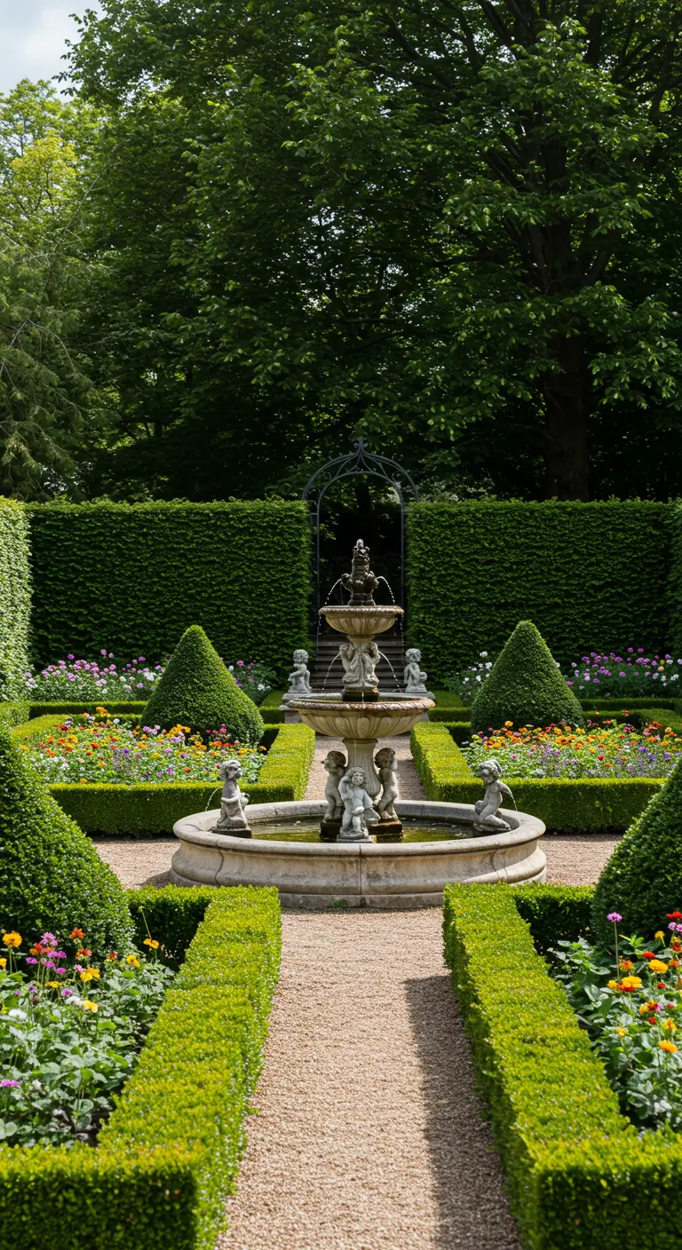 Formele tuin met een klassieke stenen fontein, versierd met cherubijnen en omringd door bloemperken.