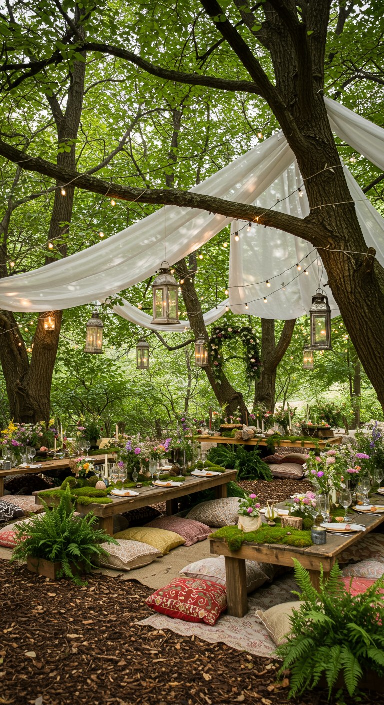 Sprookjesachtig boho feest in het bos met gedrapeerde doeken, lantaarns en kussens.