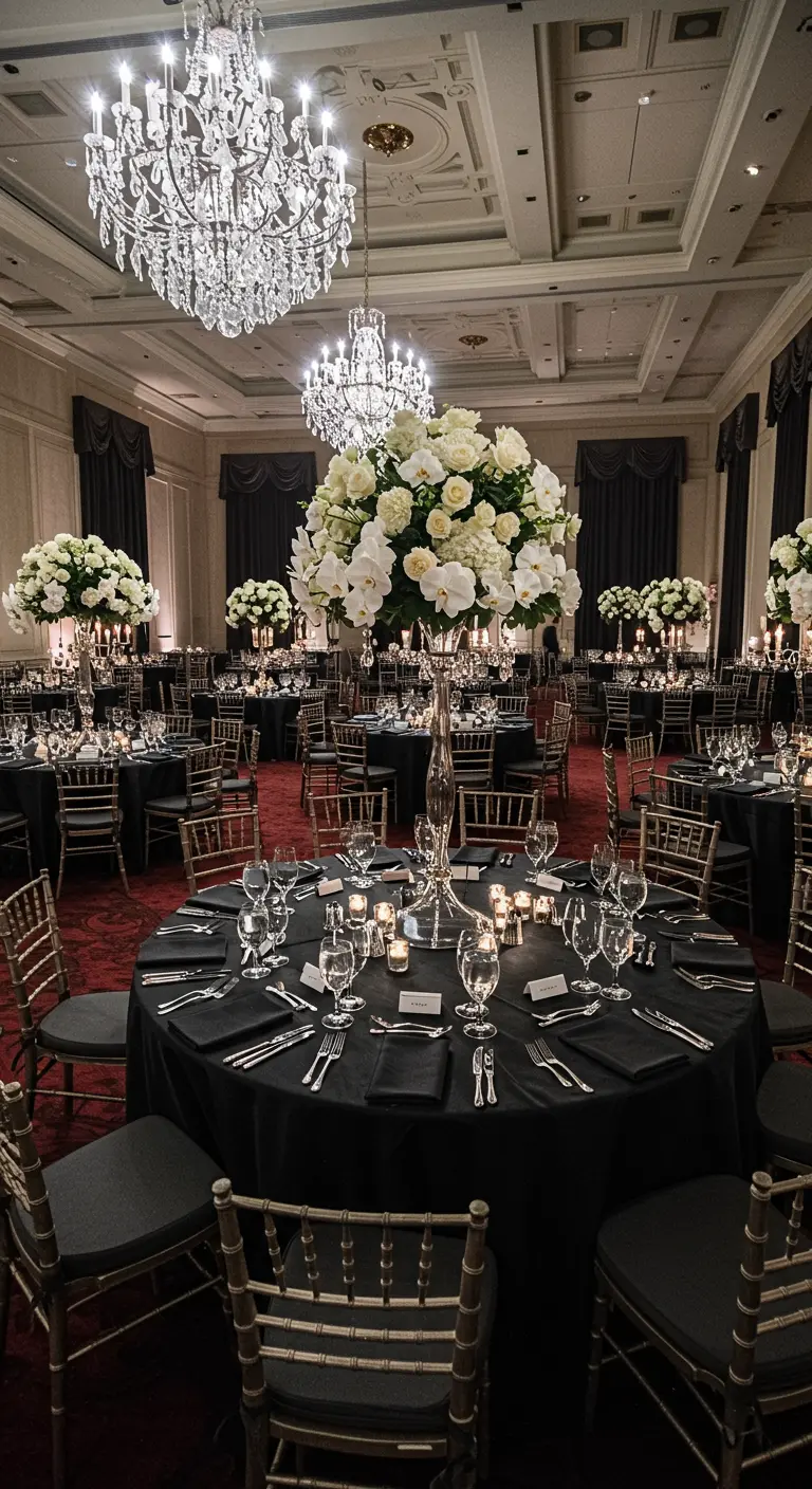 Formele eetzaal met ronde zwarte tafels, gouden stoelen en zeer hoge witte bloemstukken.