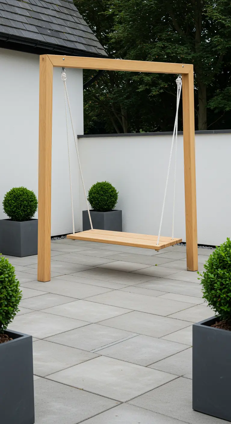 Eenvoudige houten plankenschommel aan een houten frame met buxusbollen in potten.