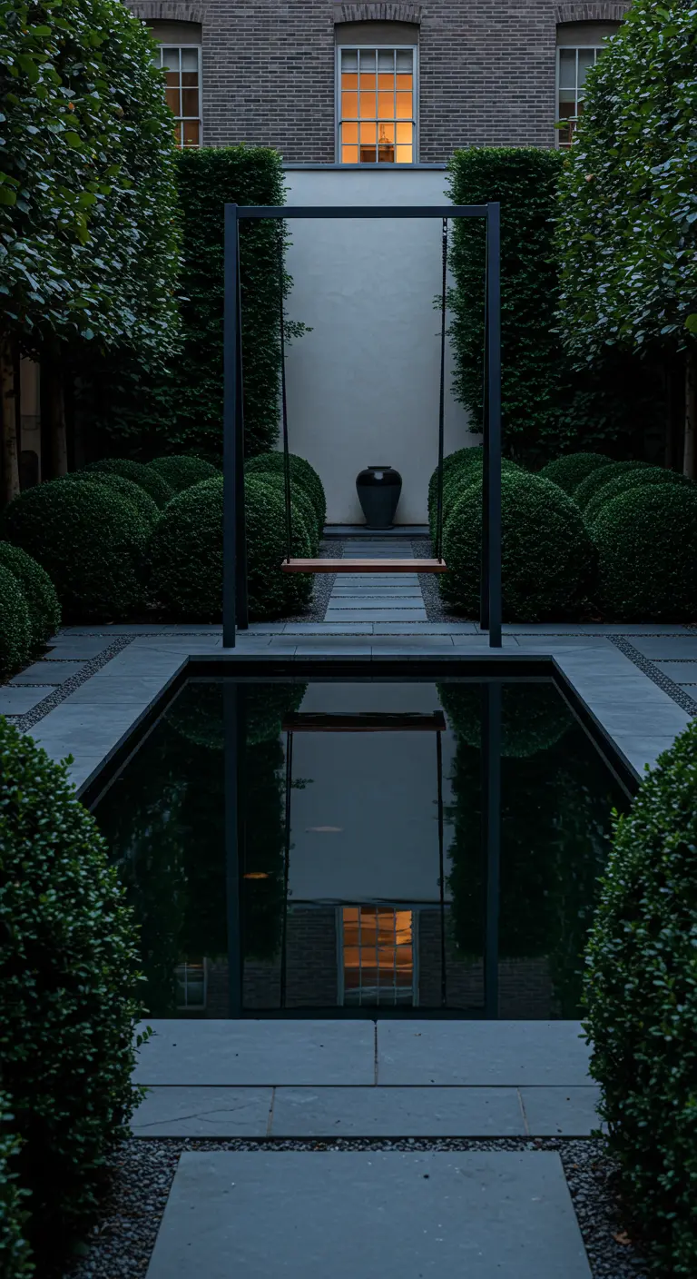 Minimalistische schommel boven een vijver in een formele tuin, 's avonds met reflecties.