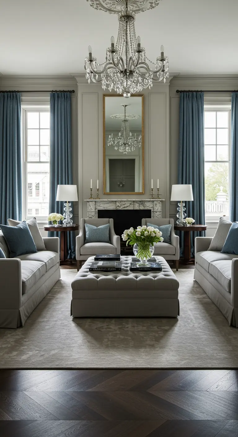 Symmetrische woonkamer met blauwe gordijnen en grote gestoffeerde hocker.