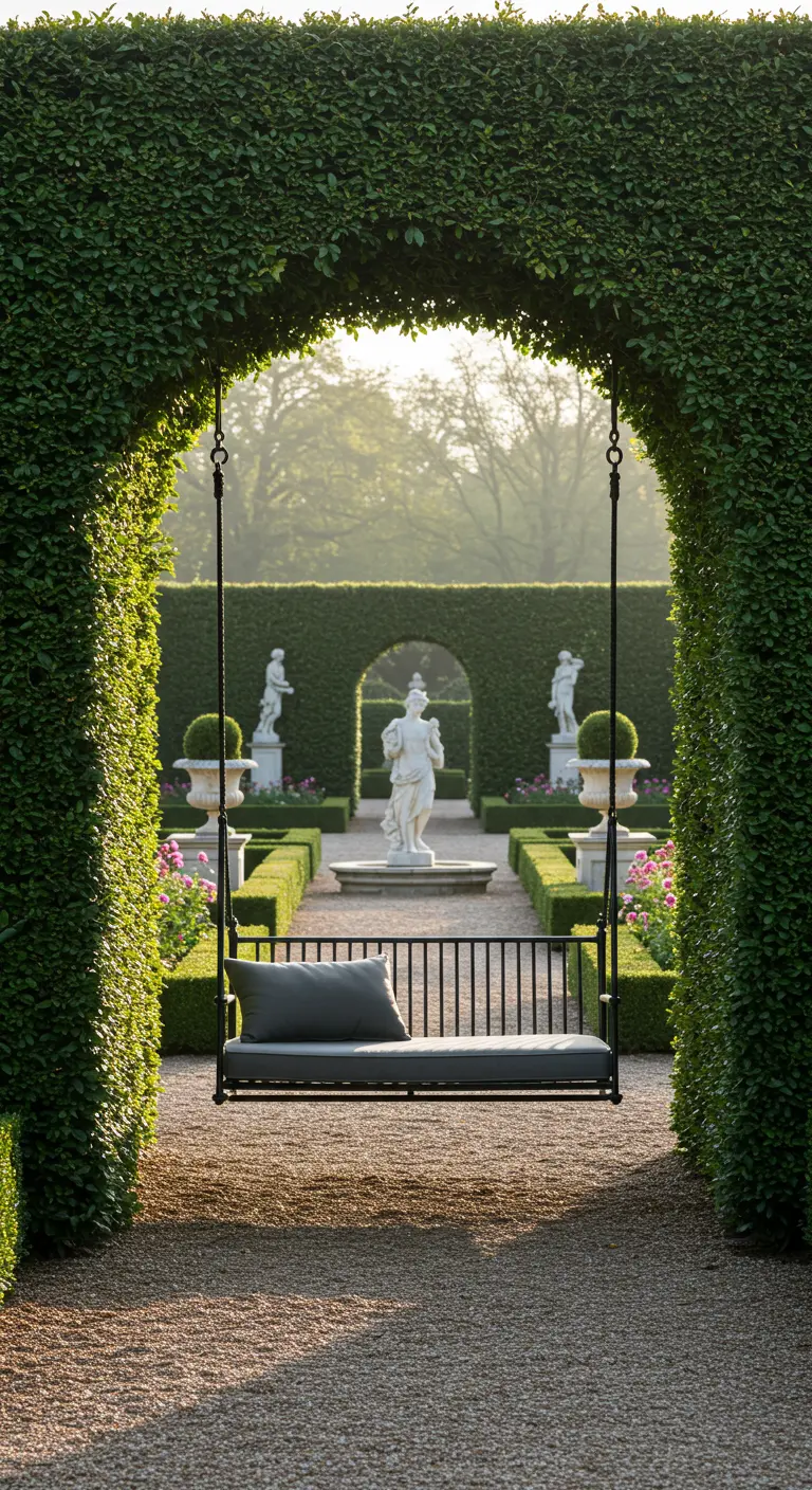 Moderne schommelbank onder een strak gesnoeide groene booghaag in een formele tuin.