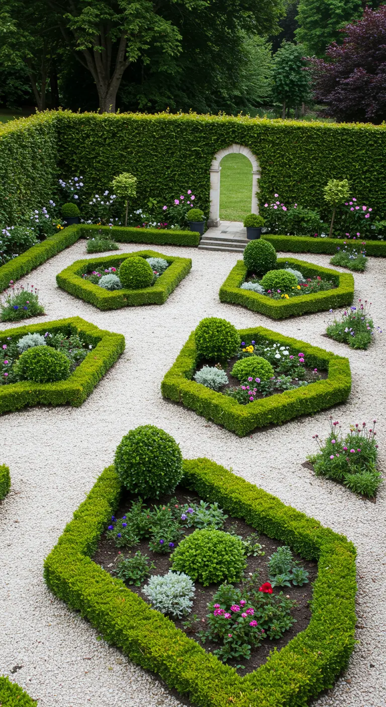 Formele tuin met licht grindpaden en geometrische perken van buxushagen, gevuld met bloemen.