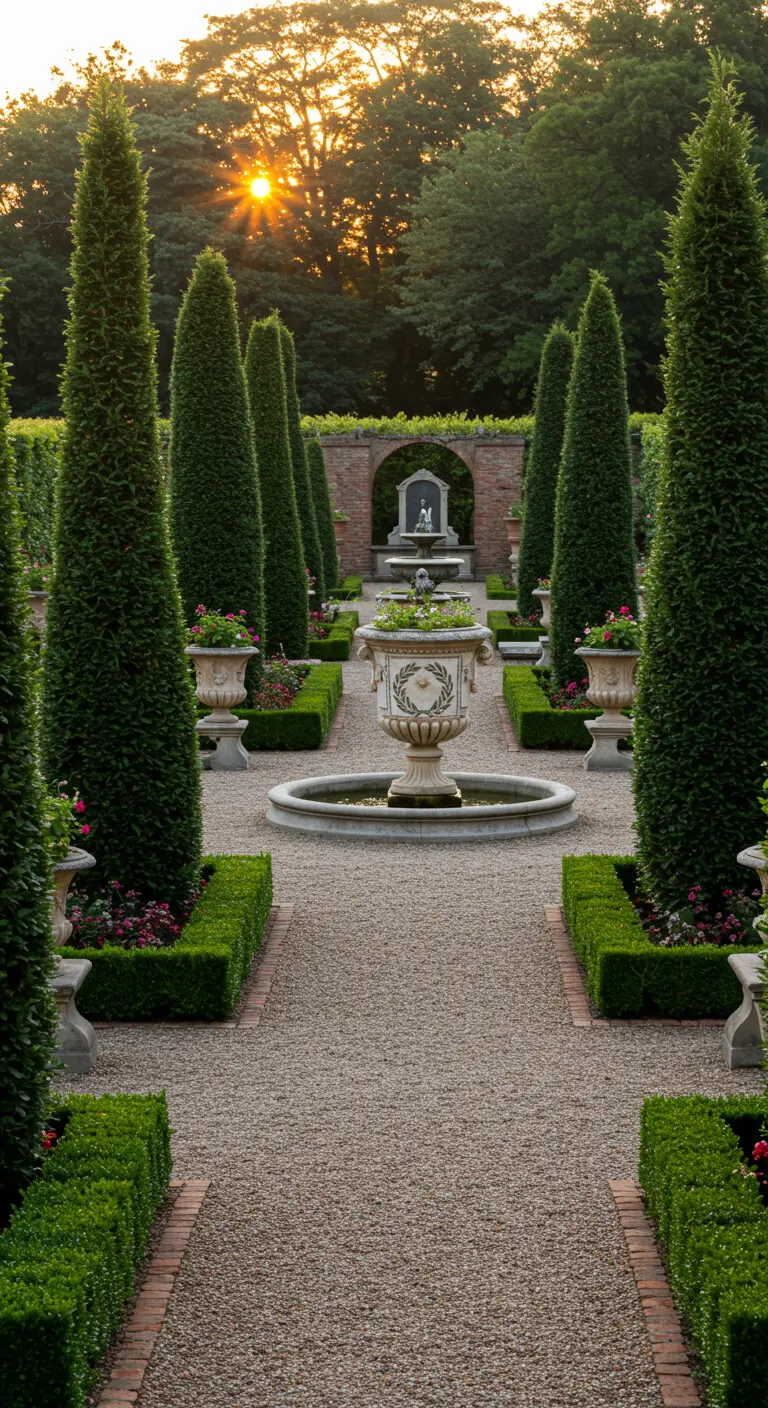 Klassieke stenen urn met subtiel mozaïekdetail in een formele tuin met gesnoeide hagen.