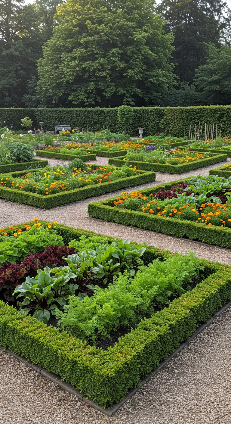 Formele moestuin met vierkante bedden omzoomd door buxus, gevuld met groenten en goudsbloemen.