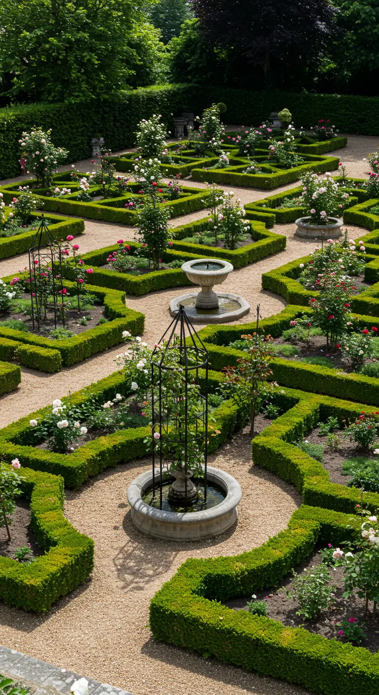 Formele tuin met buxushagen en metalen obelisken waar rozen tegenaan klimmen.