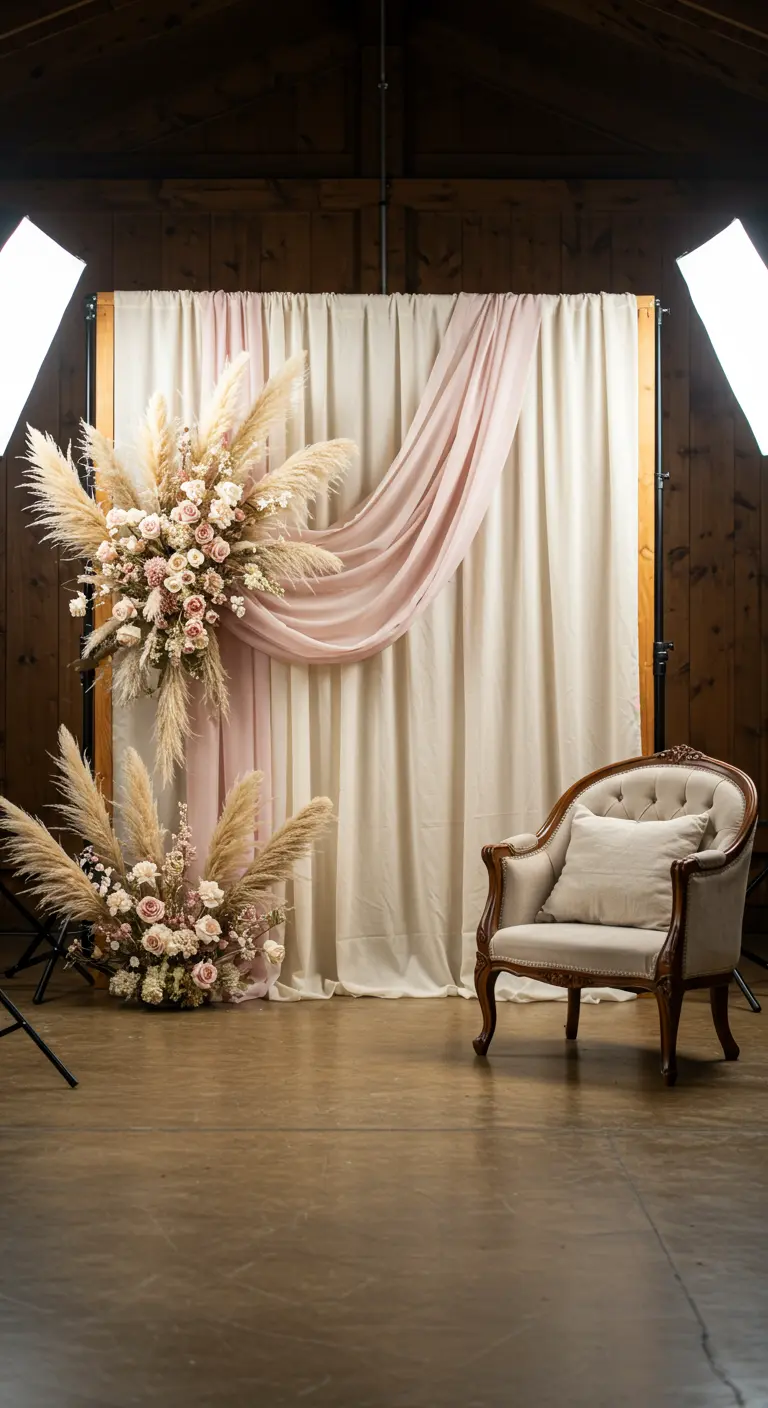 Fotobooth achtergrond met gedrapeerd linnen, droogbloemen en vintage stoel.