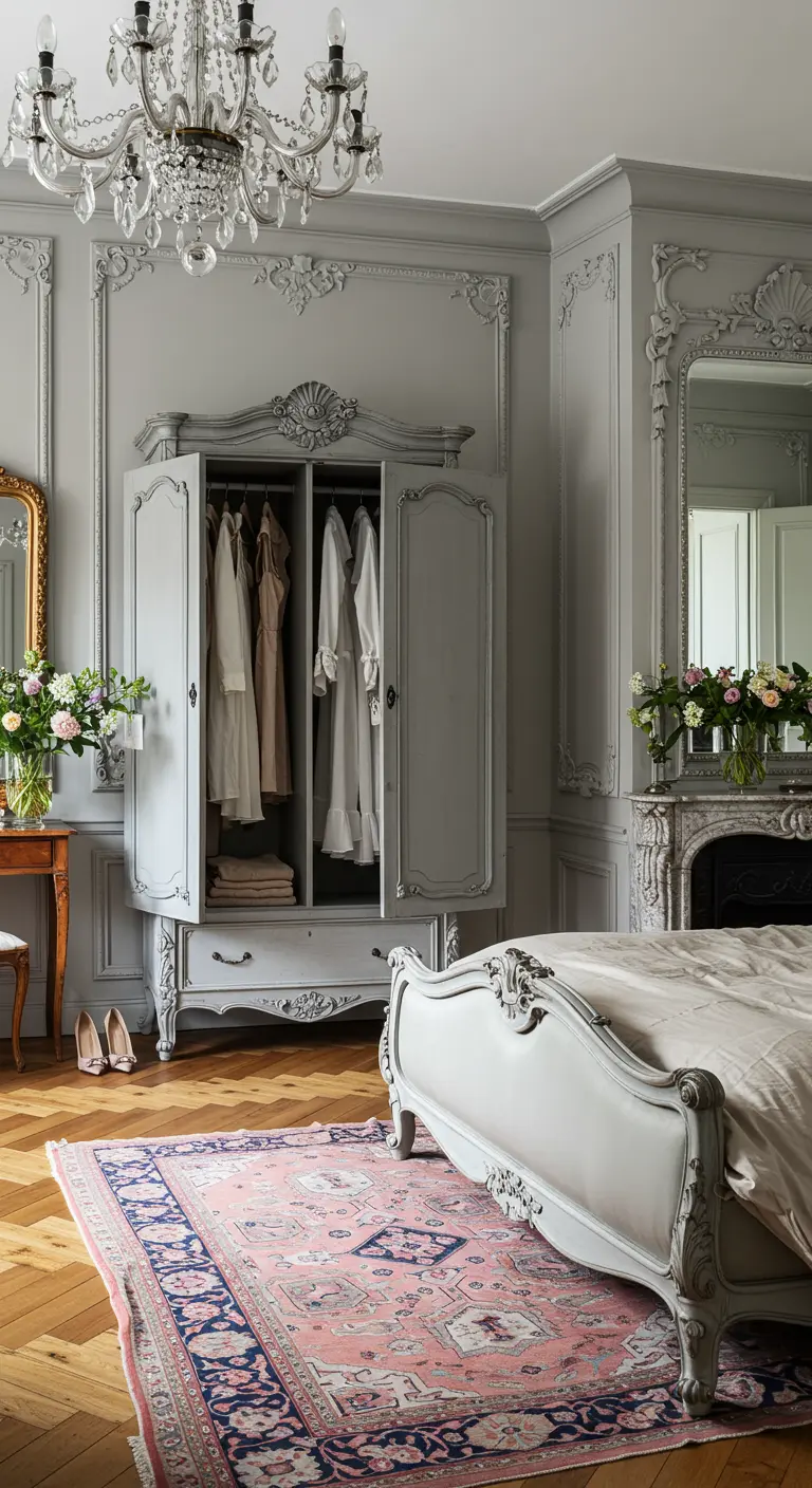 Elegante Franse slaapkamer met openstaande grijze antieke kledingkast en kroonluchter.