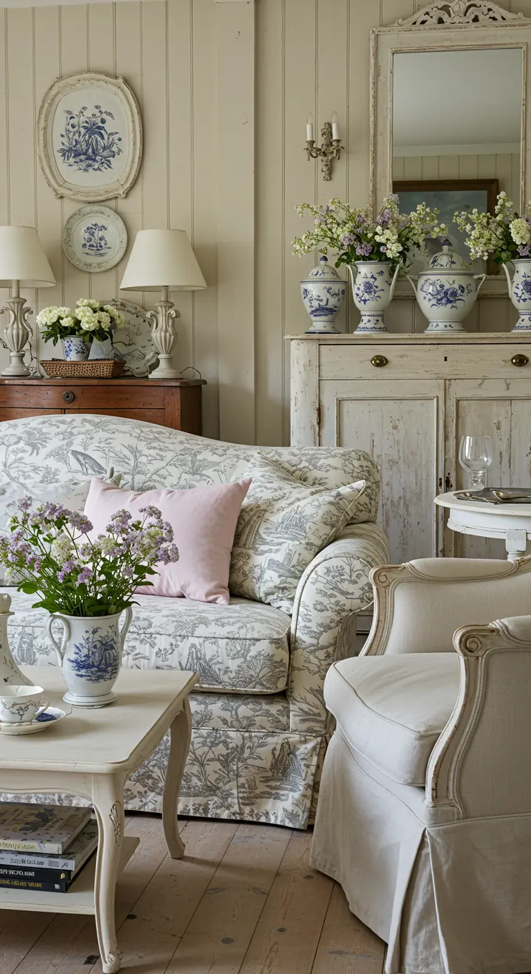 Romantische zithoek met gebloemde bank, witte meubels en pasteltinten.