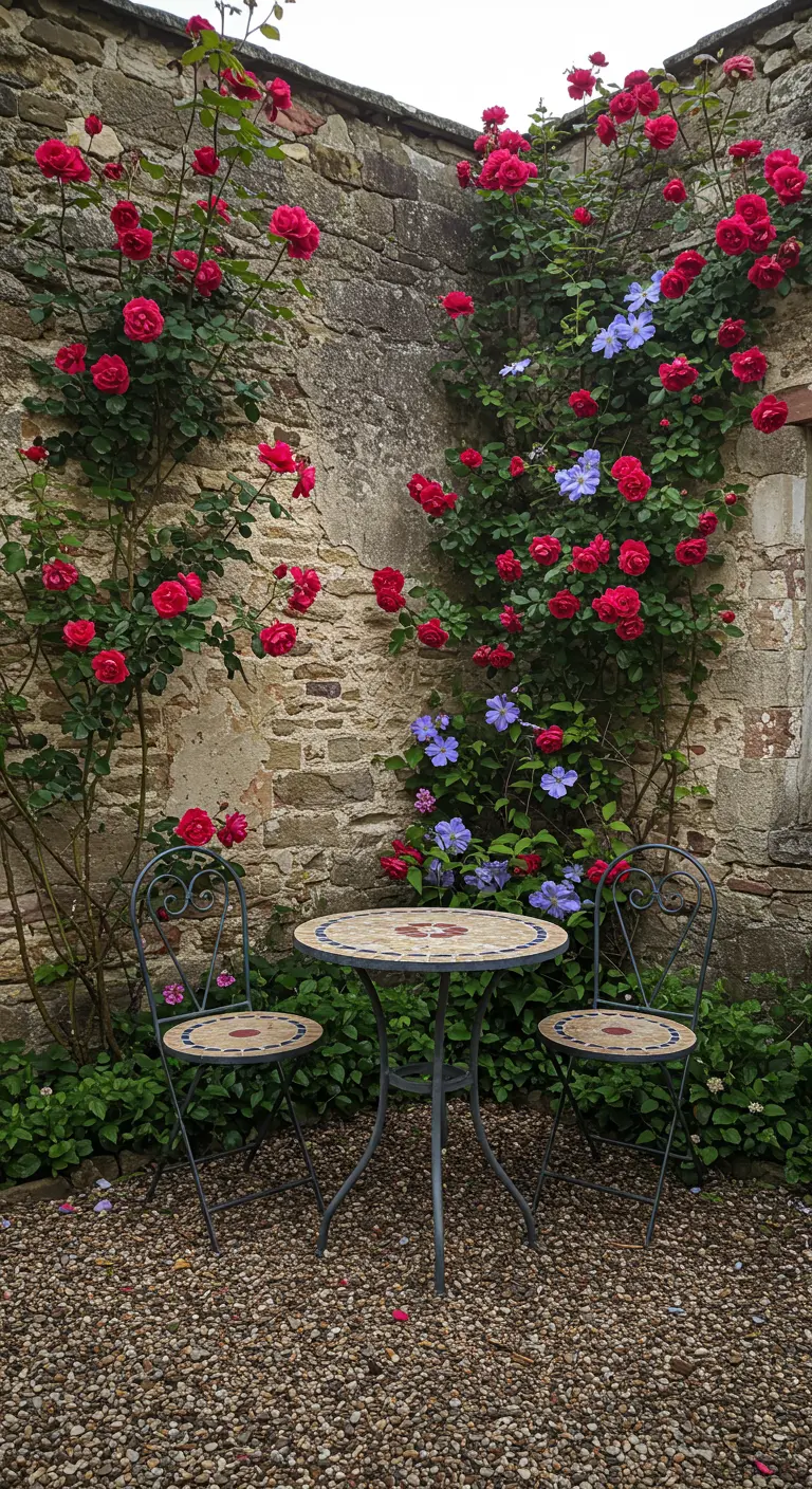 Stenen muur met rode klimrozen en paarse clematis, ervoor een mozaïek bistrosetje.