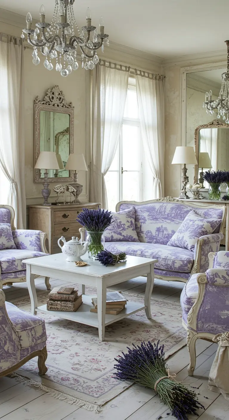 Franse woonkamer met lavendel patronen op meubels, witte tafel, spiegels, verse lavendel.