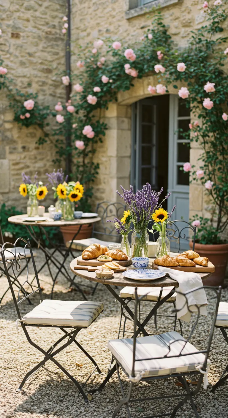 Franse bistro stijl ontbijt op binnenplaats met zonnebloemen en lavendel.