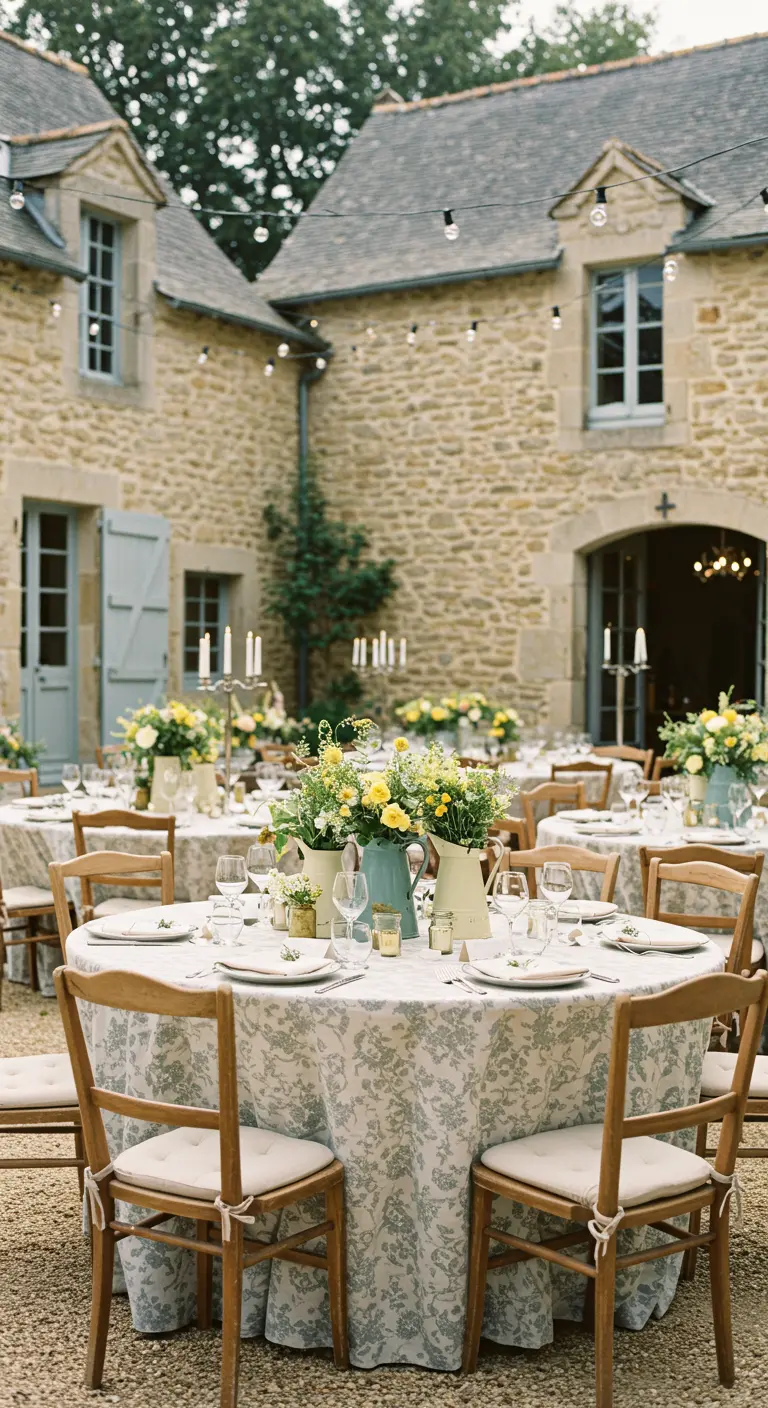Ronde bruiloftstafels op een Franse binnenplaats met gebloemd tafelkleed en gele bloemen.