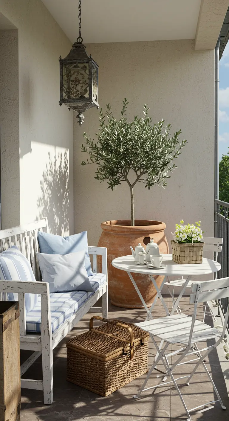 Balkon met witte houten meubels, olijfboom in terracotta pot en picknickmand.