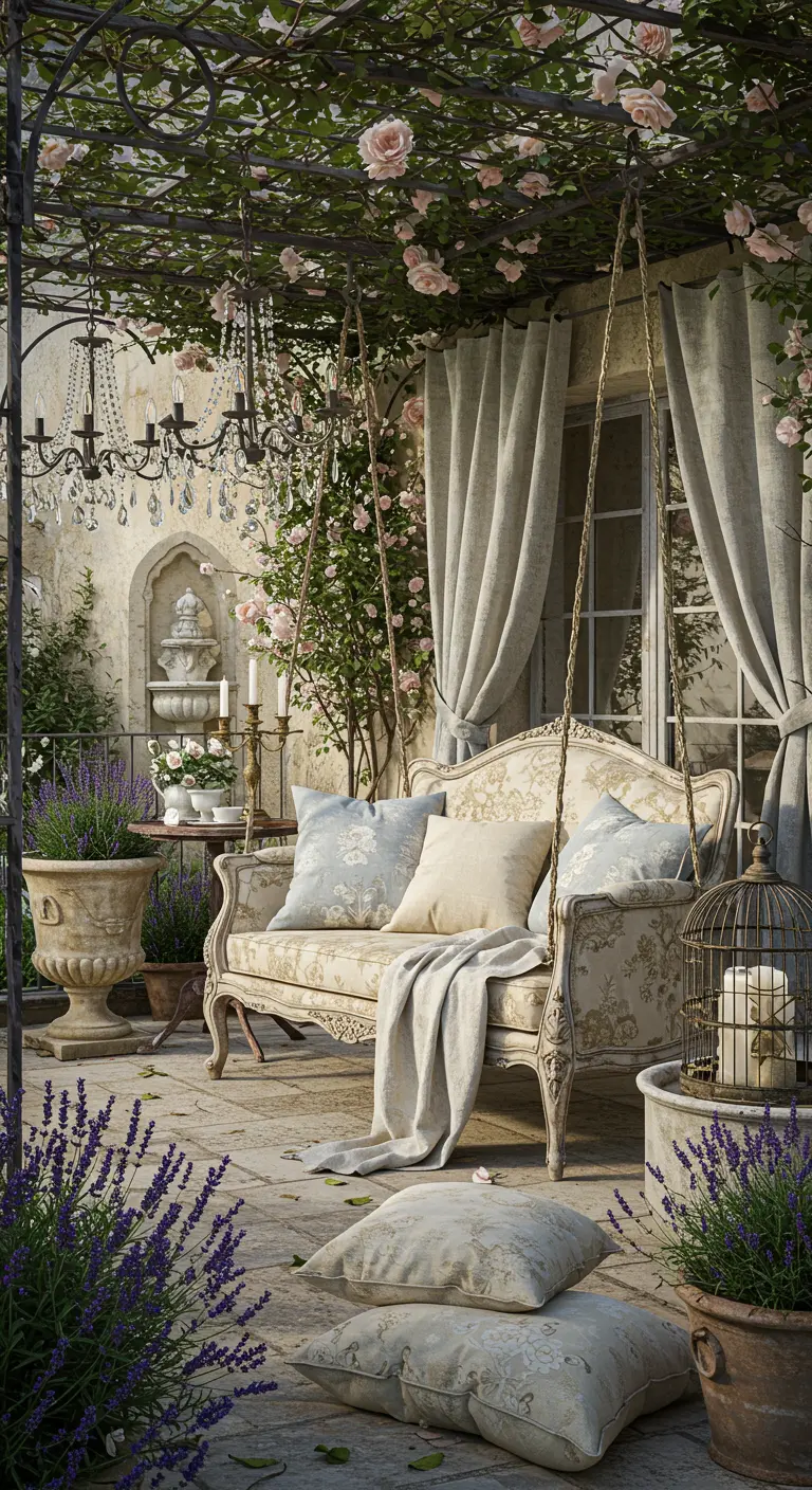 Romantische schommelbank met bloemmotieven en pastelkleurige kussens, onder een pergola met klimplanten, omringd door lavendel en rozen, met een kroonluchter.