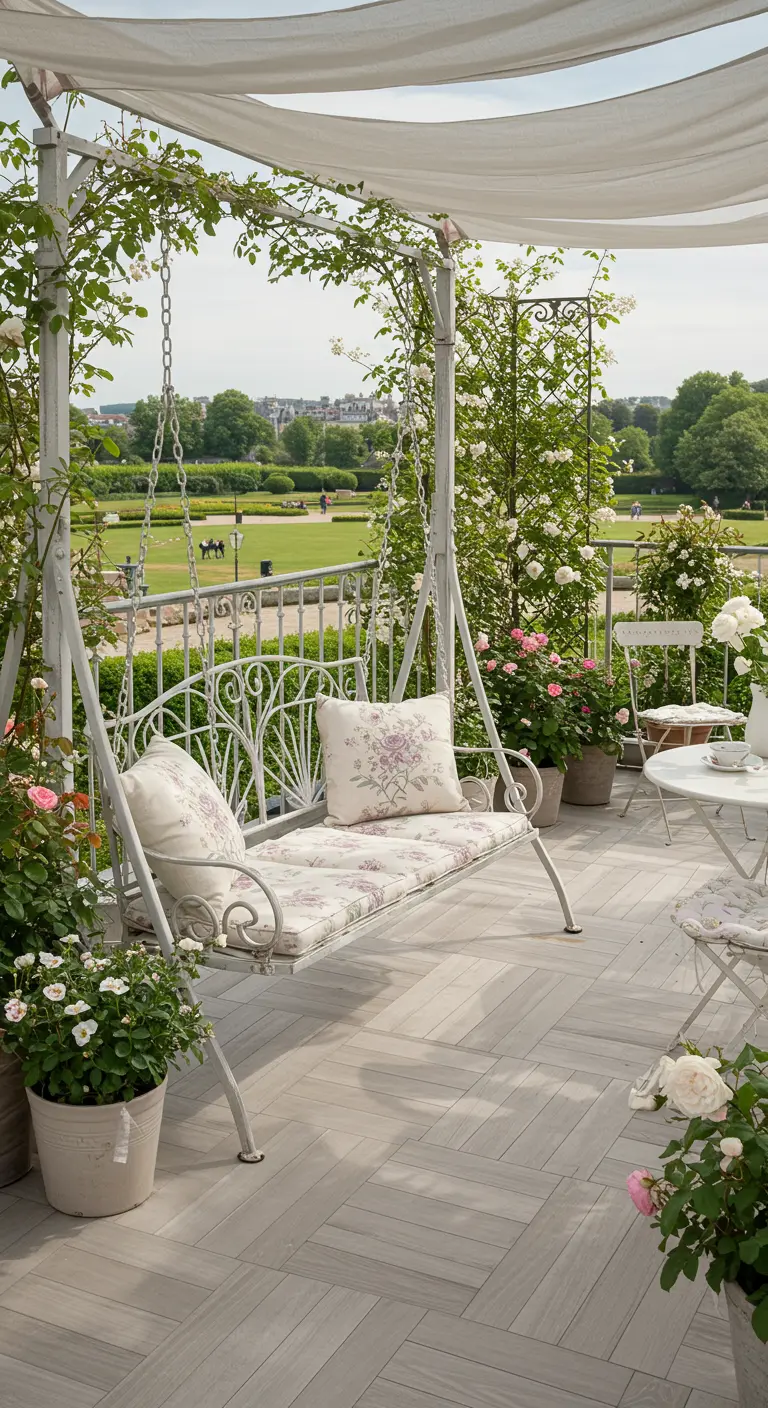 Romantisch dakterras met witmetalen schommelbank, bloemige kussens, rozen en een witte pergola.