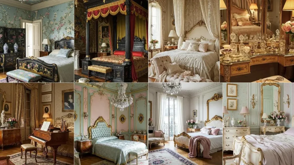 Collage van sierlijke Franse slaapkamers met romantische details en luxe bedden.