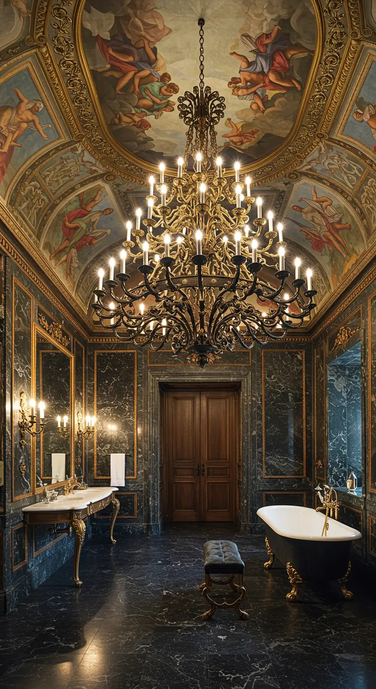 Zeer luxe badkamer met een weelderige plafondschildering, marmeren muren en een grote, klassieke kroonluchter.