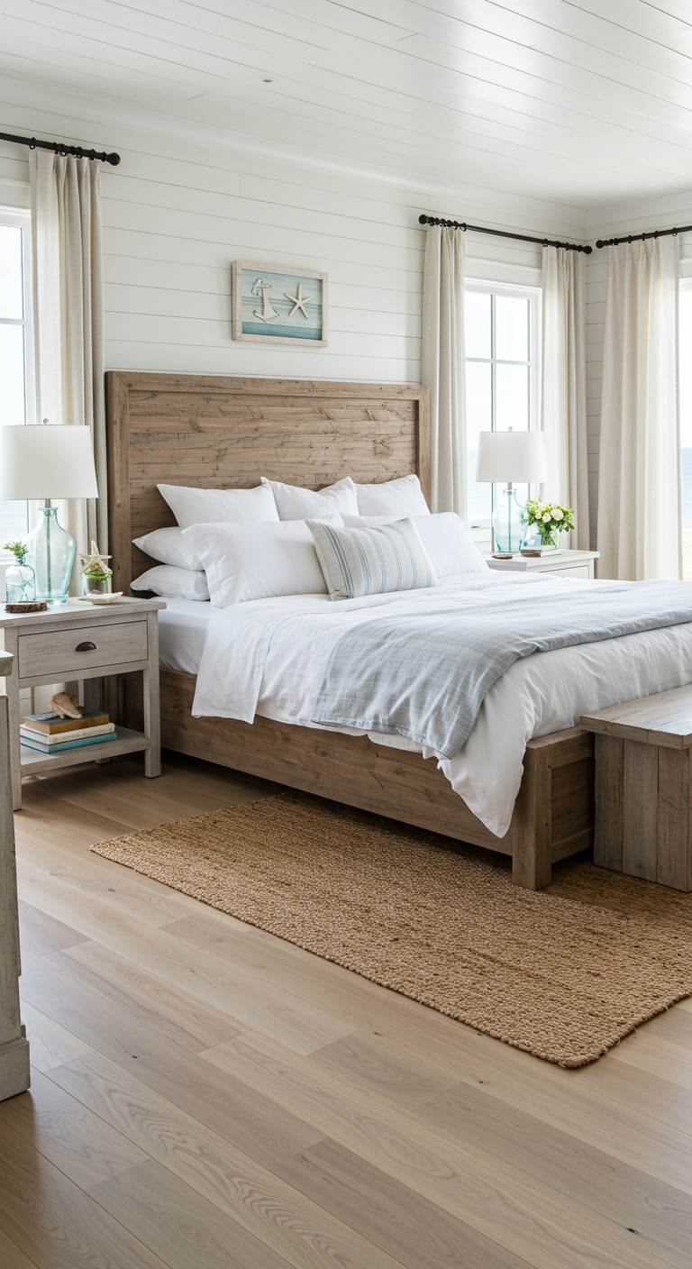 Lichte, coastal slaapkamer met houten bed, witte muren en blauwe accenten.