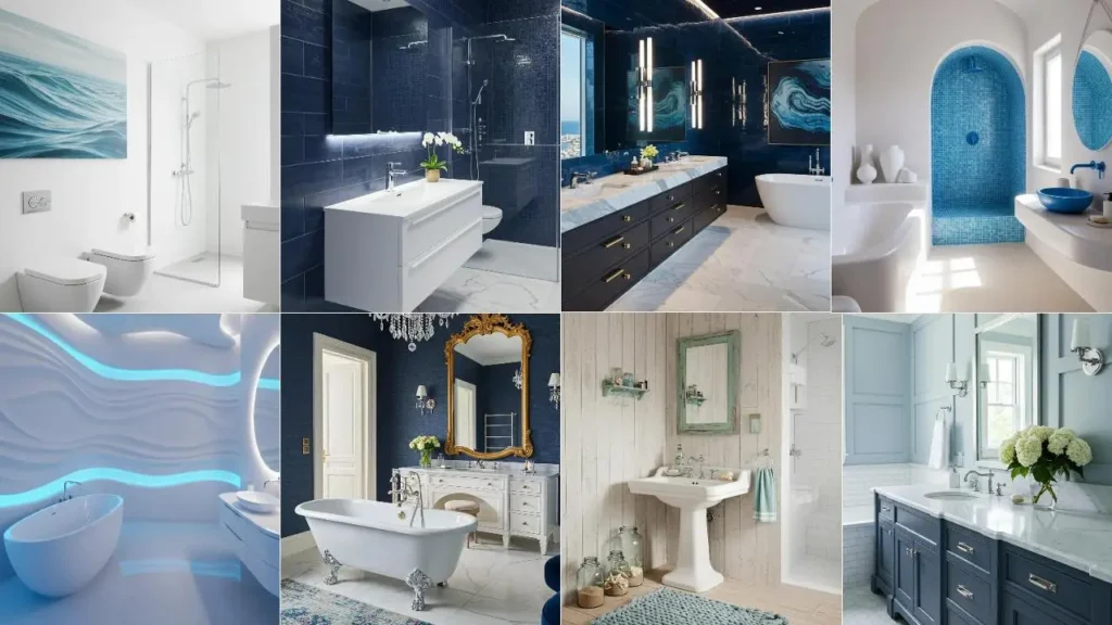Meerdere badkamerstijlen met blauw en wit, variërend van fris en modern tot klassiek nautisch design.