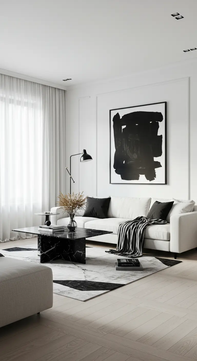 Frisse, moderne woonkamer met witte bank, groot abstract zwart-wit kunstwerk en marmeren tafel.