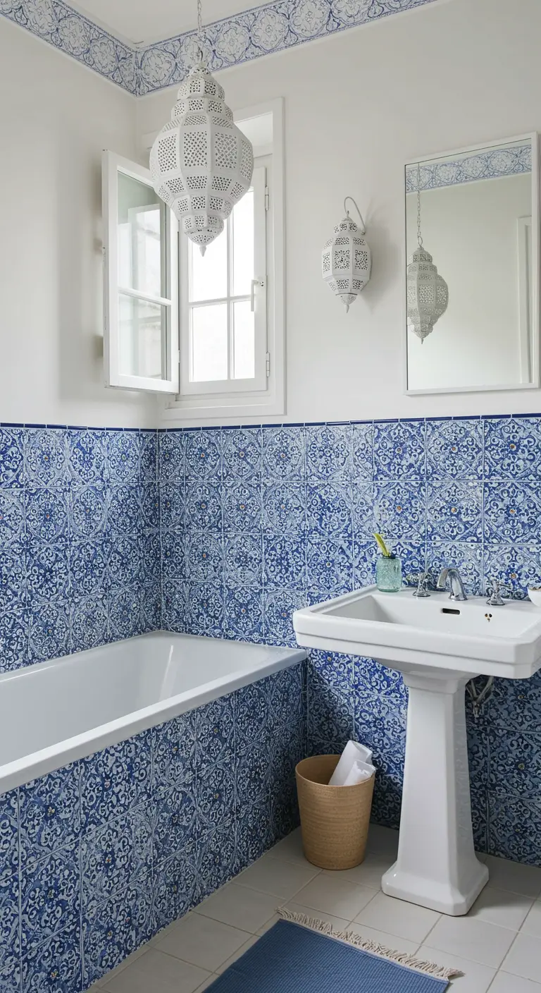 Witte badkamer met blauw-wit patroon tegelwerk, lantaarns en vrijstaand bad
