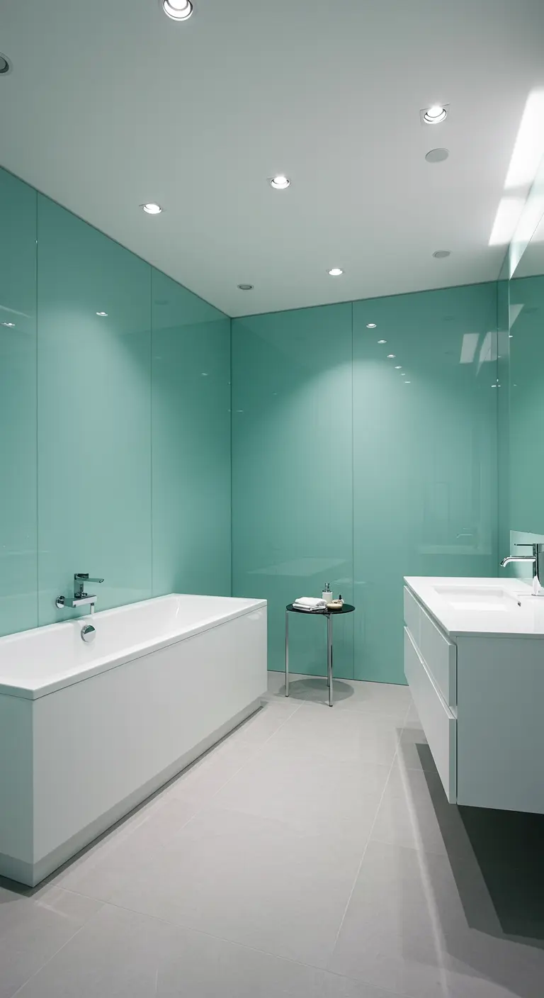 Moderne badkamer met grote mintgroene glaspanelen aan de muren en wit sanitair.