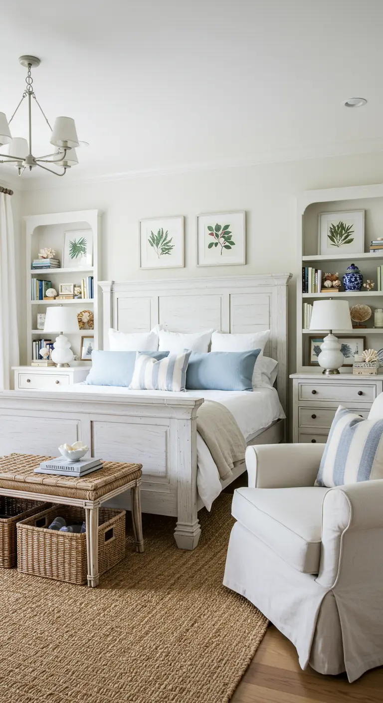 Witte kuststijl slaapkamer met wit houten bed, lichtblauwe accenten en rieten manden.