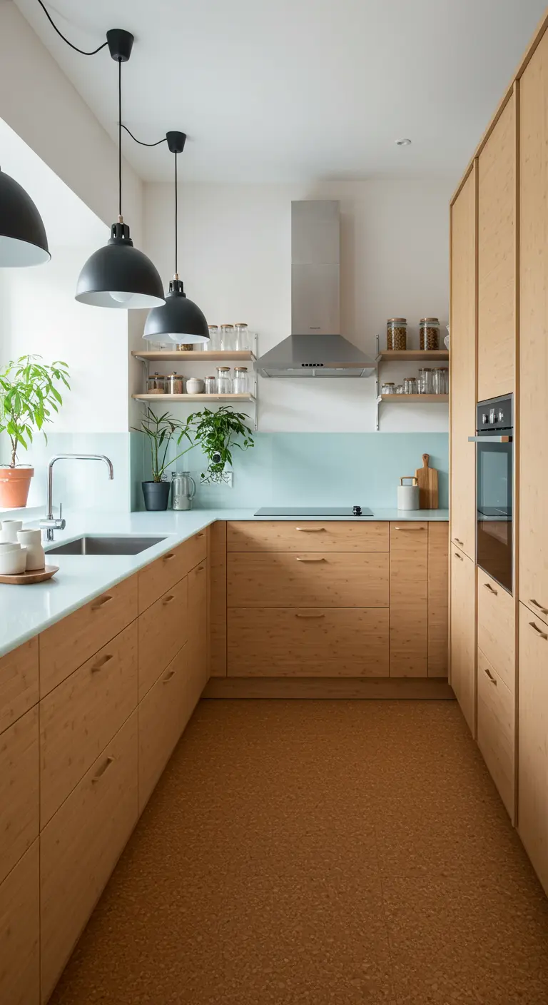 Scandinavische keuken met licht hout, mintgroene achterwand en kurkvloer.