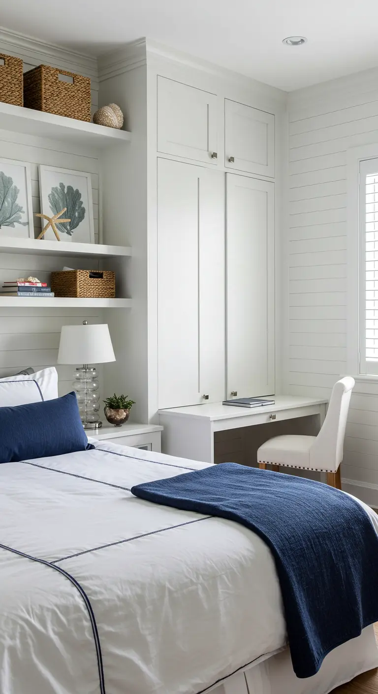 Witte slaapkamer in kuststijl met ingebouwde werkplek in kast bij het raam.