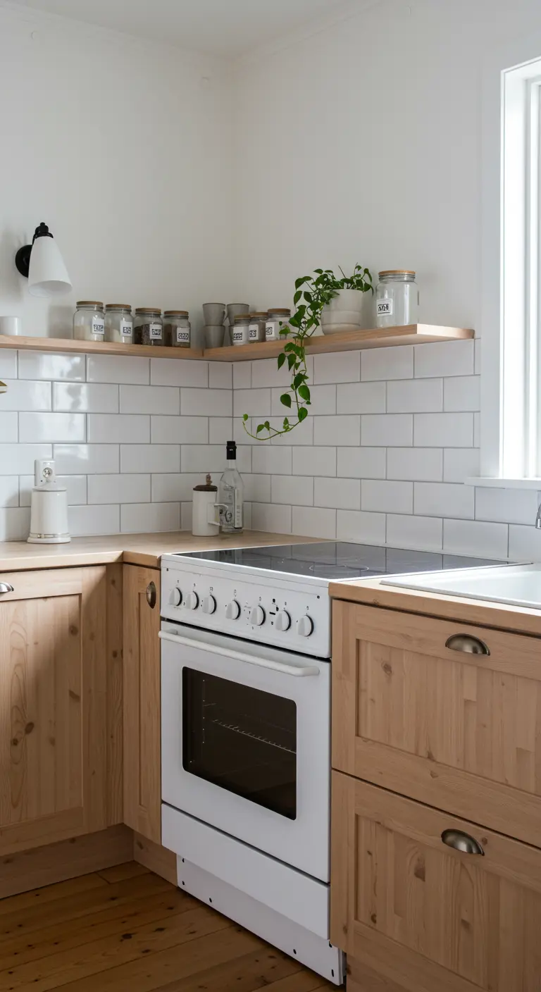 Lichte keuken met wit fornuis, houten kasten, witte tegels en hangplant.