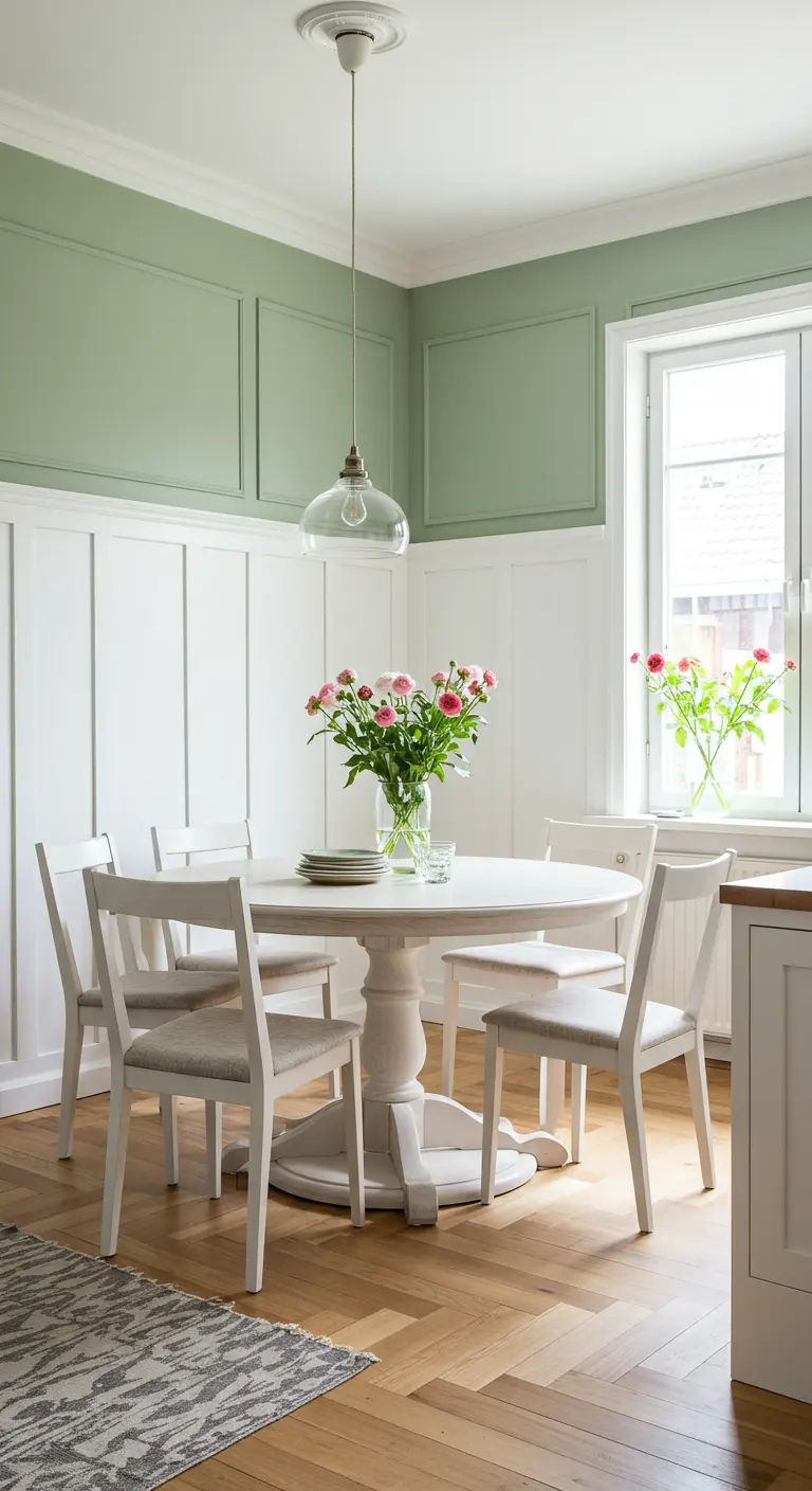 Landelijke eetkamer met witte lambrisering en saliegroene muren.