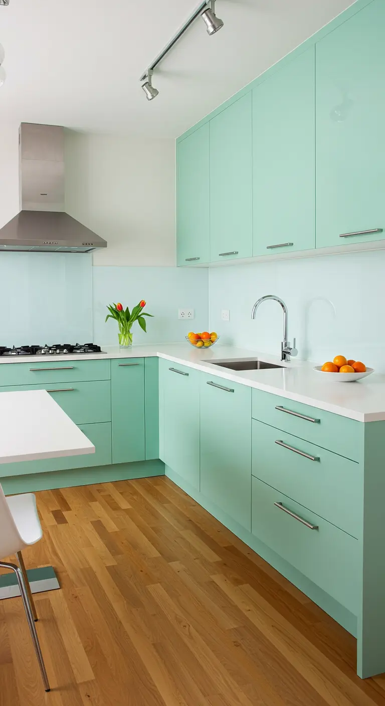 Moderne mintgroene keuken met strakke lijnen en witte werkbladen.