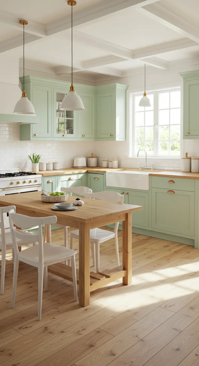 Landelijke keuken met mintgroene kasten, houten eettafel en veel natuurlijk licht.